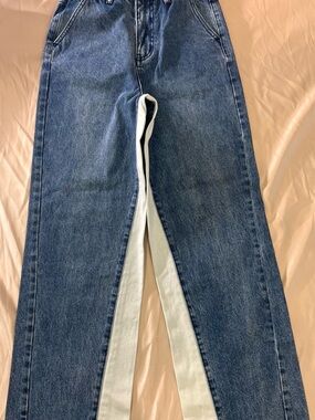 Apea Y2K Two Tone Color Block Jeans Women Size S Blue/White Denim Straight Leg